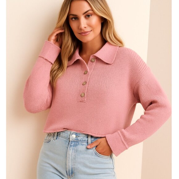 Show Me Your Mumu Crawford Collared Cropped Sweater Pink Knit Size S Cotton - Picture 1 of 10